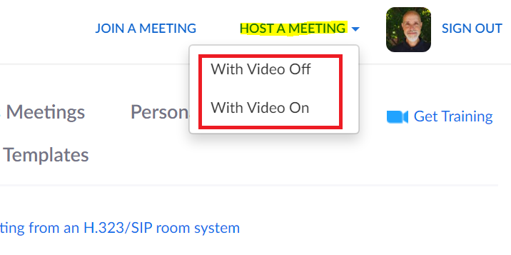 Appalachian Technology Knowledge Base > Zoom: Using for Lecture Capture > zoomlec1.png Host a meeting menu