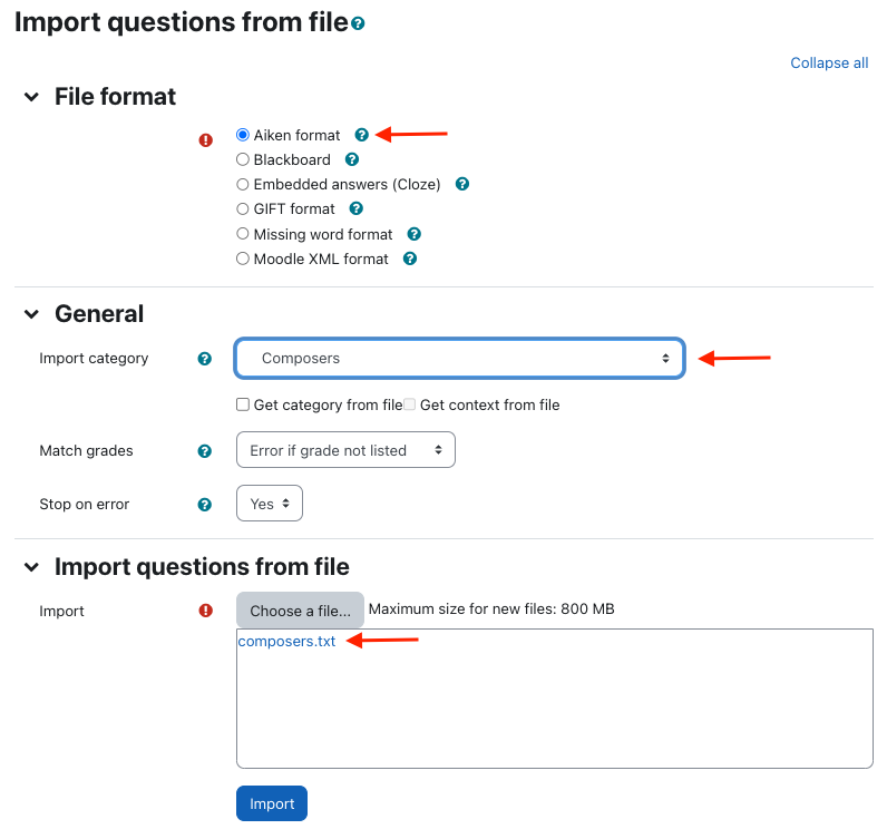 Make selections on the Import questions from file page