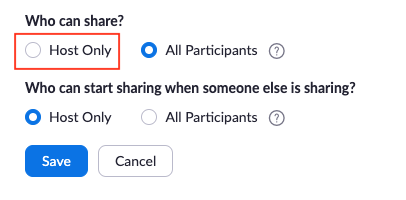 host only screen sharing options within meeting