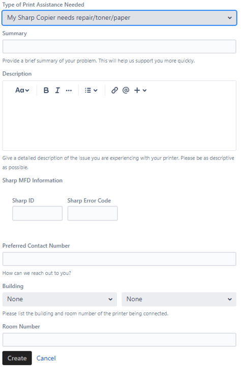 Filling out the summary, description, Sharp ID, and any error codes in the requested information form fields. 
