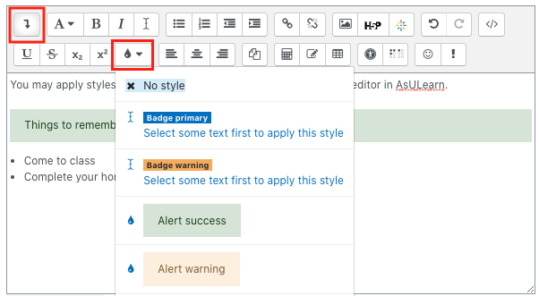 Click styles button in editor to apply text styling