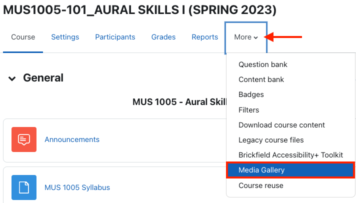 Appalachian Technology Knowledge Base > Kaltura in AsULearn > kaltura2.png (Access media gallery from course menu item more then media gallery) Access media gallery from course menu item more then media gallery