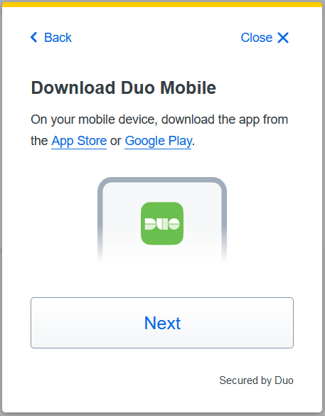 Downloading the Duo mobile app confirmation message.