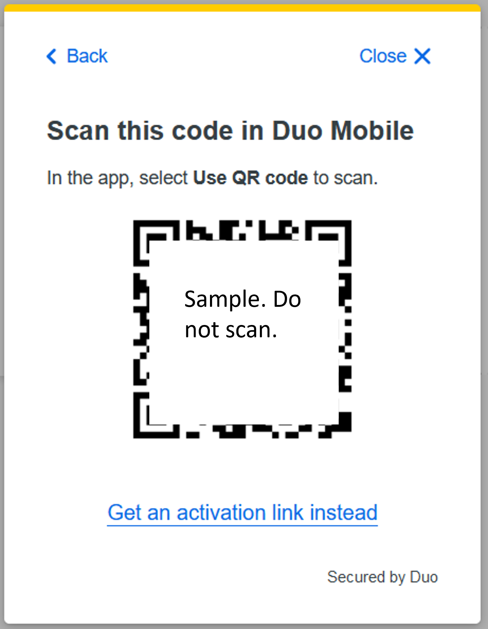 Sample QR code for Duo mobile activation.