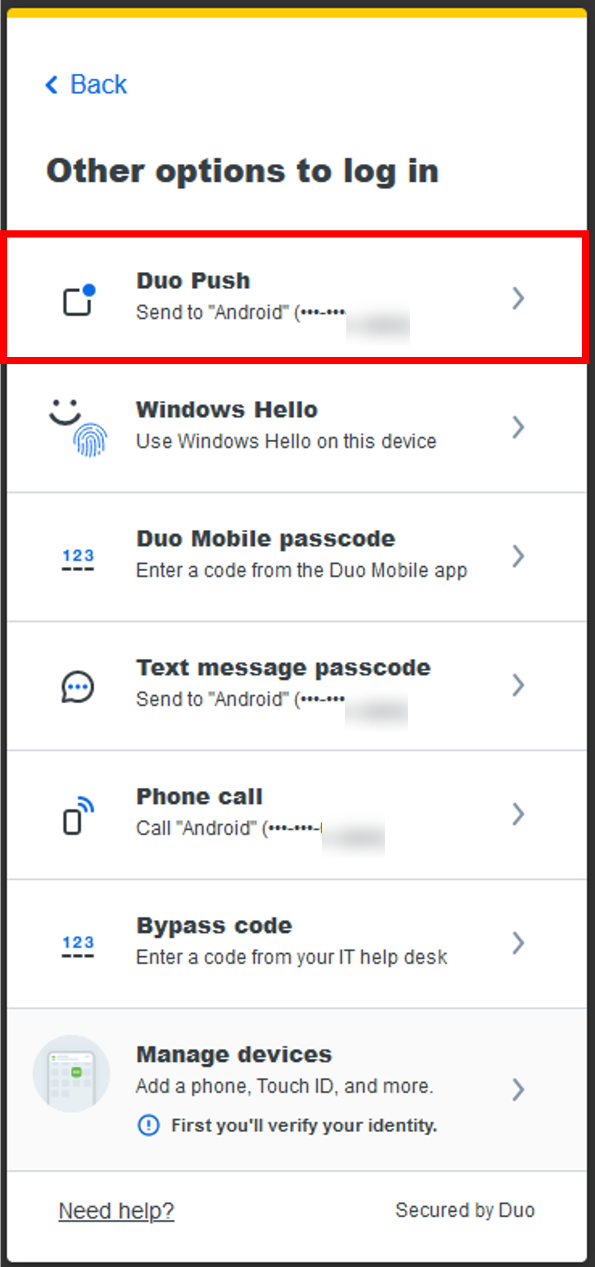 Selecting Duo push from the authentication methods list.